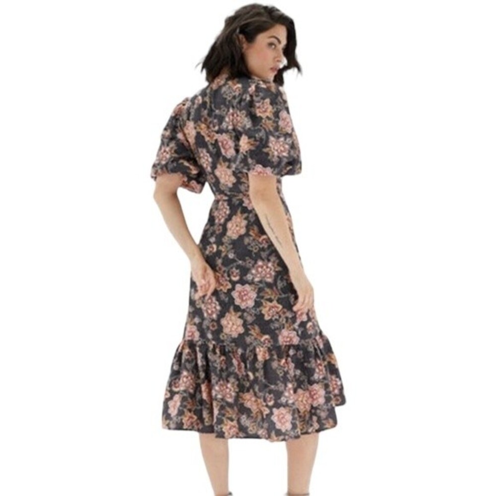 Minkpink x Revolve Mehdya Wrap Floral Midi Dress Short Puff Sleeve Ruffle Hem